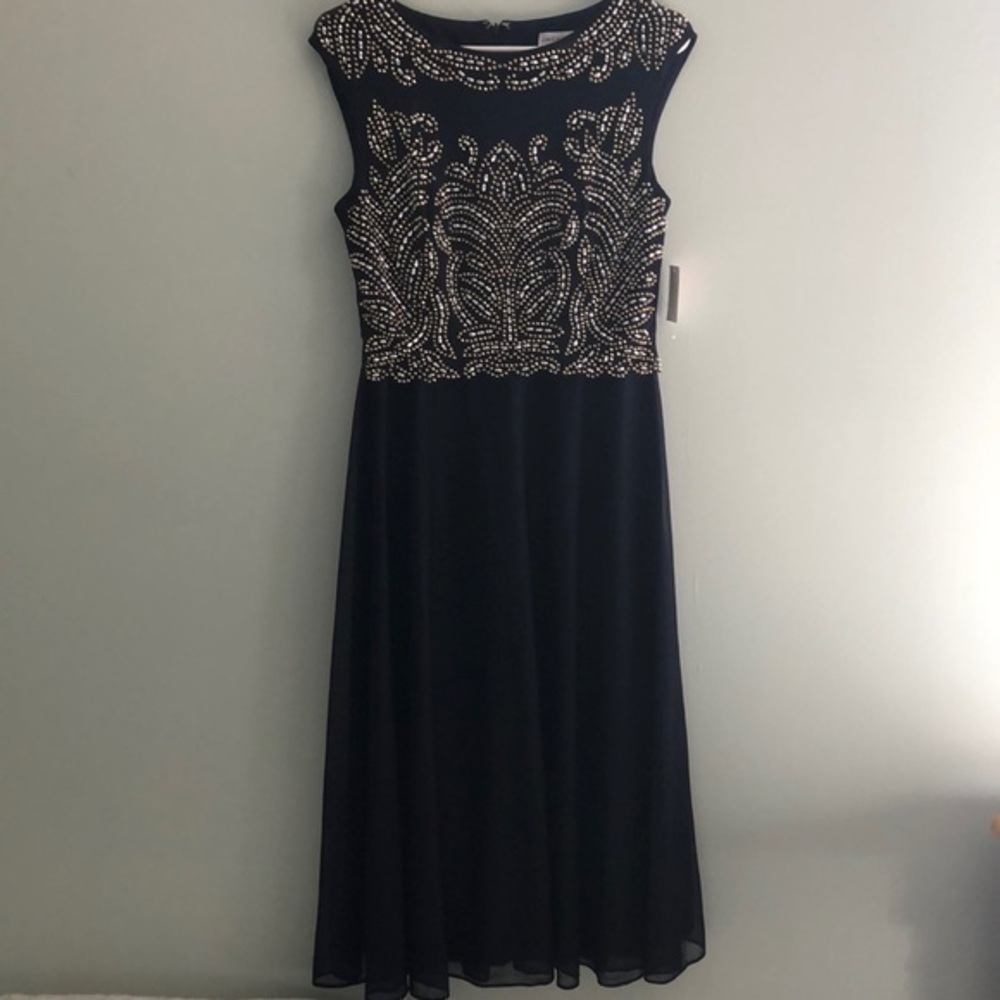 Navy blue dress silver gold rhinestone embroidery size 6